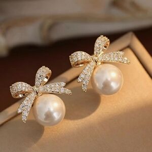 NEW Pearl Rhinestones White and Gold Bowknot Stud Earrings